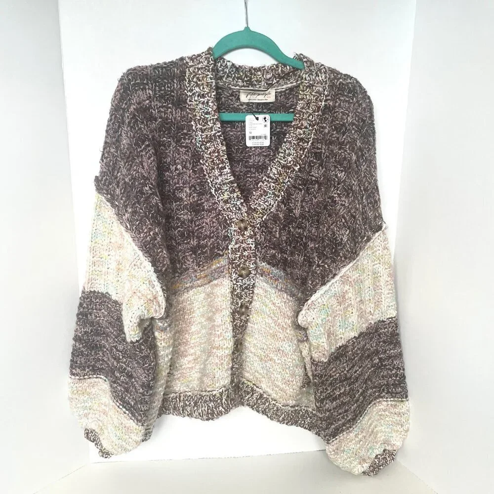 Free People Isabella Cardigan Chunky Knit Slouchy Brown Cream Patchwork M